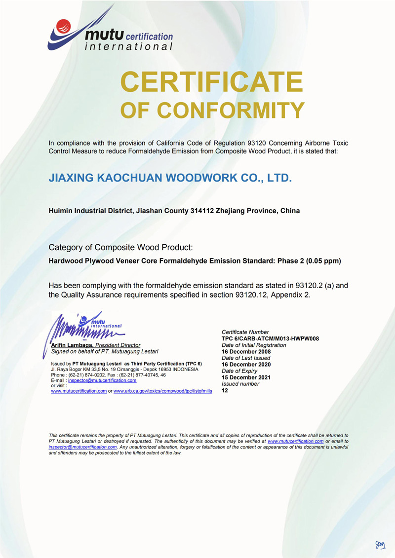 CARB Certificate Kaochuan
