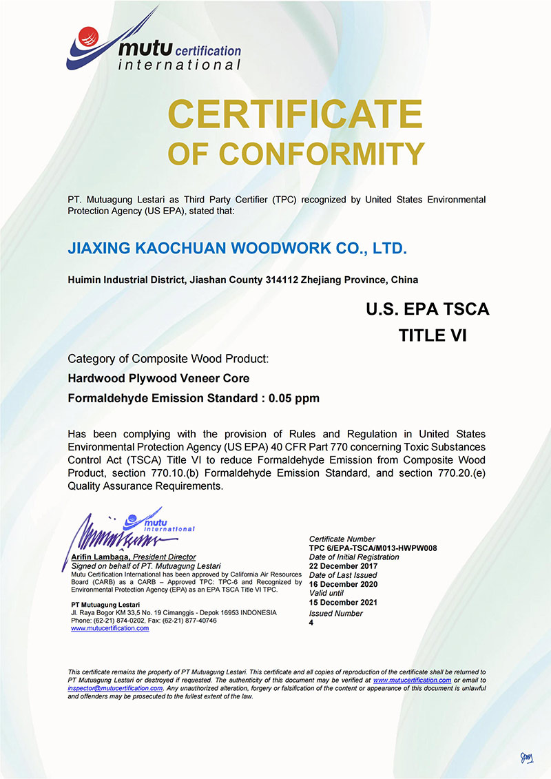 EPA Certificate Kaochuan 